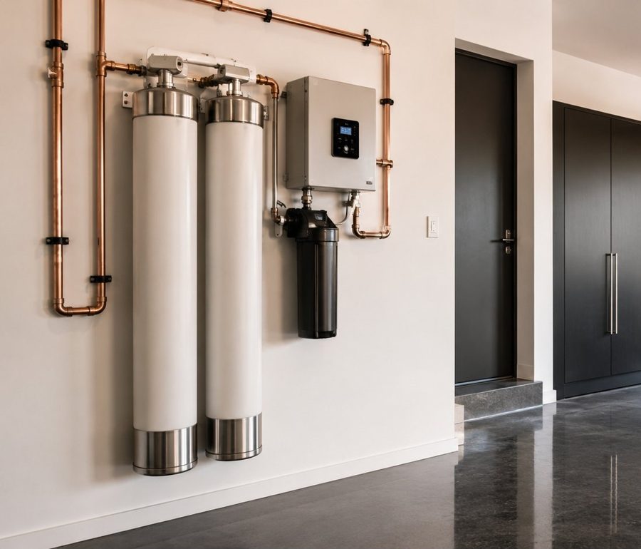 Modern whole house water filtration system installed in a Fresno garage